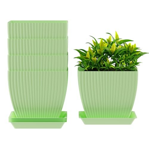ELUVIA 7-inch Square Planters with Saucers (Set of 5) – Modern Fluted Flower Pots with Drainage Holes and Trays – Premium Plastic Indoor Outdoor Plant Pots for Succulents, Flowers (Pista)