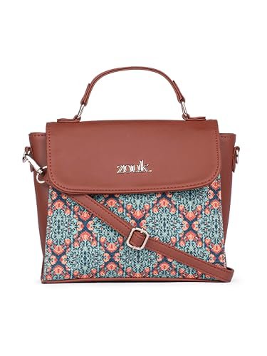 ZOUK Kolkata Nouveau Motif Printed Vegan Leather Green Statement Sling Bag With Handle For Women’s Girls