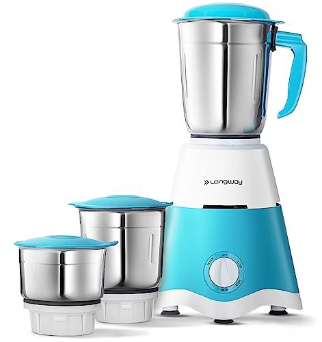 Longway Super Dlx Mixer Grinder | 500 Watt Powerful Motor | 3 Jars for Grinding, Mixing, Juicing | 2 Year Warranty (Blue & White, 3 Jars)