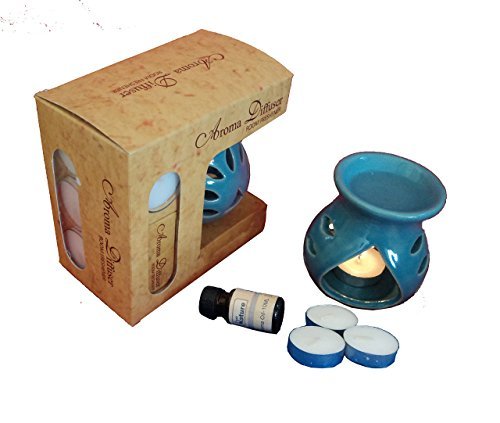 Pure Source India Ceramic Aroma Gift Set with 10 Ml Ocean Breeze Aroma Oil and 4 Tea Candles (Blue)