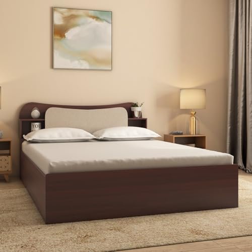 Nilkamal Daffodil Wooden King Bed with Box Storage | Designer Headboard with Storage | Engineered Wood | Walnut