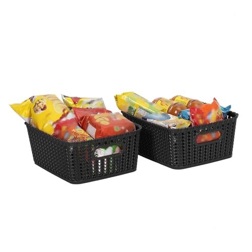 Cutting Edge Essentials Multipurpose Storage Baskets with Handles, Plastic Organizer for Kitchen Fruits, Vegetables, Bathroom, Stationary items, Countertops, Cabinets, Set of 2, Black – Small