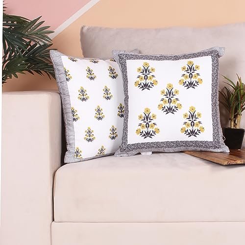 BRICK HOME Poly Cotton Both Side Block Print Floral Valley Yellow Cushion Cover Set of 2 (24 X 24 Inches)
