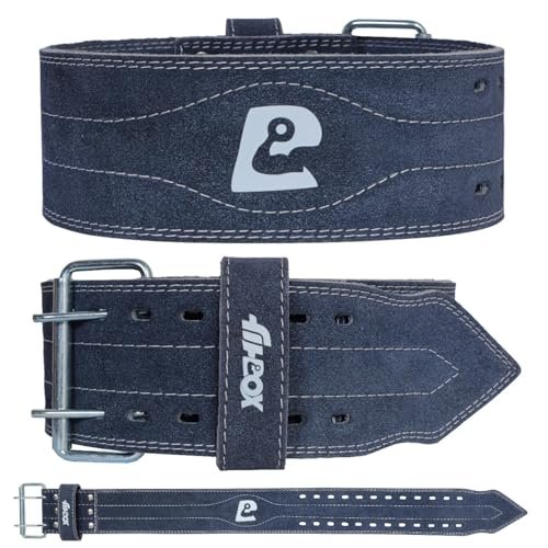 FitBox Sports Pro Weightlifting Belt – Suede Leather Gym Belt for Heavy Lifting, Squats, Deadlifts – Strong Back Support & Double-Prong Buckle – Men & Women S/M (Blue Grey)