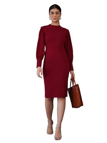 Sassafras worklyf Women’s Red Puff Sleeves Bodycon Midi Dress-S