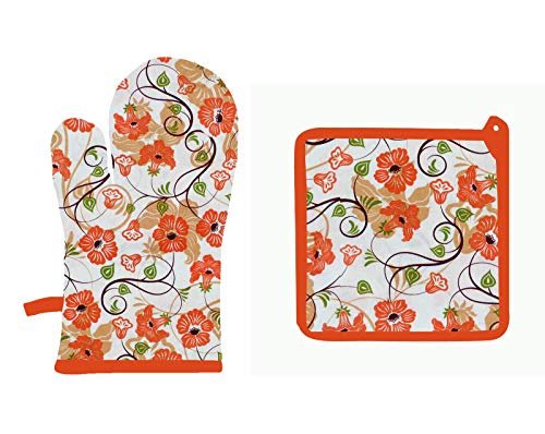Airwill © Cotton Designer Pattern Heat Resistant Kitchen Linens (1 Oven Mitt & 1 Pot Holder) (Orange,White)