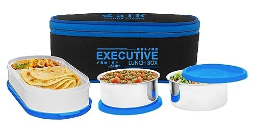 Zaib Stainless Steel Lunch Box for Kids & School – 2 Compartment Leak Proof Tiffin Box Set with Insulated Bag – Air Tight Food Container for Boys, Girls, & Office (Blue Executive)