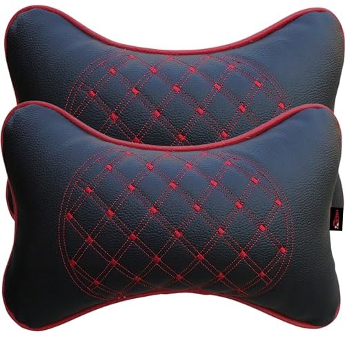 DETACHI Faux Leather Car Neck Rest Pillow/Cushion Set of Pillows Compatible with All Cars (Black, with RED Embroidery) – Pack of 2 Pieces