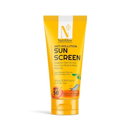 NutriGlow Advanced Organics Anti-Pollution Sunscreen SPF 50 PA+++ | No White Cast | Raspberry Seed Oil + White Water Lily | Broad Spectrum UVA/UVB & Blue Light Protection | Non-Greasy, for Men & Women | 100ml