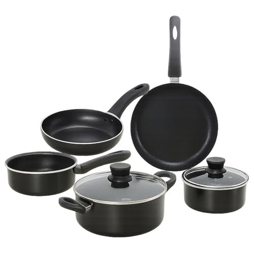 Amazon Brand – Solimo Non-Stick 5-Piece Cookware Set | Induction & Gas Compatible | Aluminium Construction | Includes Saucepans, Frypans & Casserole with Glass Lids