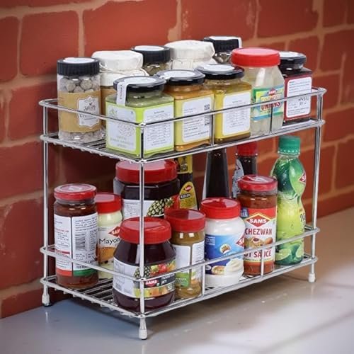 IVAZA 2-Tier Stainless Steel Spice Rack – Kitchen Organizer Shelf for Condiment Bottles, Sauces, and Jars – Multipurpose Storage Stand for Pantry and Countertop Use