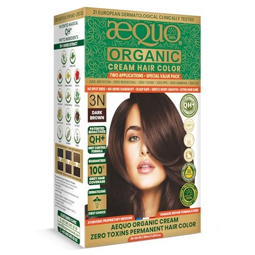 Aequo Organic Cream Hair Color 3N Dark Brown – Herbal Hair Dye for 100% Grey Coverage | Zero Ammonia & PPD | QH+ Grey Control Formula | 2 Applications (115 ml)