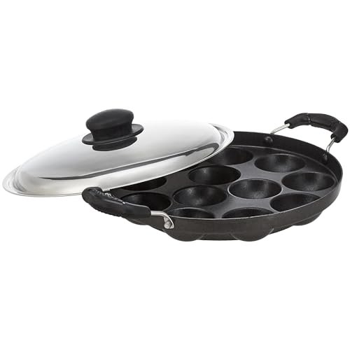 Amazon Brand -Solimo Aluminium Non-Stick Appam Patra – 12 Cavities 22.8 cms | 2 Side Handles with Stainless Steel Lid | 2-Layered PFOA, PFOS and Toxin-Free Coating | Appam Pan | Litti Maker (Black)