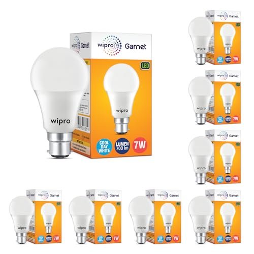 Wipro Garnet 7W LED Bulb for Home & Office |Cool Day White (6500K) | B22 Base|220 degree Light coverage |4Kv Surge Protection |400V High Voltage Protection |Energy Efficient | Pack of 8