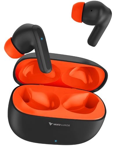 Vaku Luxos ® SONAIR TWS Bluetooth 5.4 Earbuds | 60H Playtime | Touch Controls | Type-C Fast Charging | 10mm Driver | Voice Assistant | Deep Bass Wireless Earbuds with Charging Case- Black/Orange