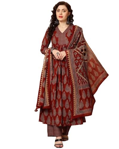 KLOSIA Women Printed Kurta and Pant Set with Dupatta (in, Alpha, M, Red)