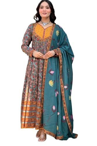 KLOSIA Women’s Viscose Kurta and Pant with Dupatta Set (in, Alpha, XL, Blue)
