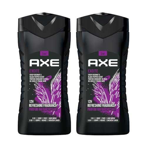 AXE Excite 3-in-1 Body, Face & Hair Wash | Crisp Coconut & Black Pepper Scent | 12H Refreshing Fragrance |Combo of 2| 250 ml Each