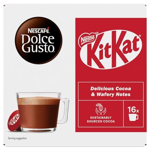 KitKat Dolce Gusto KitKat Hot Chocolate Pods 256g Box By COUGAR – Compatible with Dolce Gusto Machines | 16 Capsules | Creamy Cocoa Drink with Signature KitKat Flavour | Rich, Smooth & Velvety Texture | Perfect for Home, Office & Chocolate Lovers – (Imported-UK)