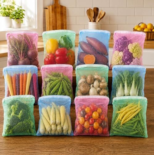 Homestrap Reusable Mesh Fridge Storage Bags Set of 12 | Fruit & Vegetable Bags for Refrigerator | Washable Multipurpose Grocery Organizer Pouches with Zip Closure (9 X 13 Inches | Multicolor)