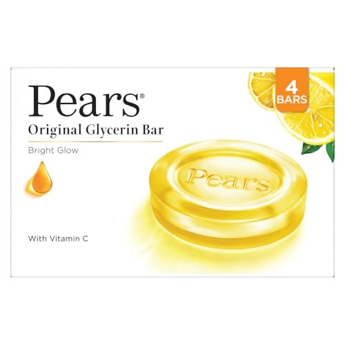 Pears Original Glycerin Soap Bar – Bright Glow | With 98% Pure Glycerin & Vitamin C | With Plant Based Cleanser for Skin & Body | Paraben-free | 125gms x 4