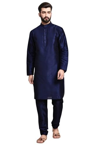SKAVIJ Men’s Art Silk Solid Kurta Pyjama Set Festive Woven Design 2-Piece Ethnic Dress (KP055blue_Blue_S)
