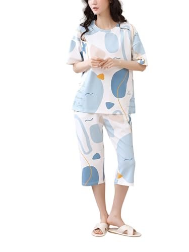 Lunza Women’s Cotton Pajama Set with Top & Pants|| Korean Night Suit|| Lightweight Printed Set || Soft & Comfy Sleepwear for Girls & Women (Blue, S)