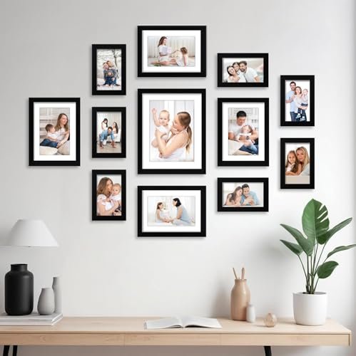 Amazon Brand – Solimo Synthetic Photo Frame Set Of 12|Plexi Glass|Frame For Home And Office Decoration|Mixed Sizes – 4X6 Inches,6X8 Inches,8X10 Inches (Black) Rectangular,Wall Mount