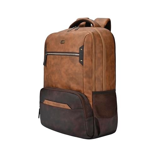 Gear Quantum 3 18″/29L Antitheft Large Faux Leather Water Resistant Laptop backpack with Raincover/Laptop backpack/Casual Backpack/Daypack/Travel Backpack/College Bag For Men/Women(Tan-Brown)