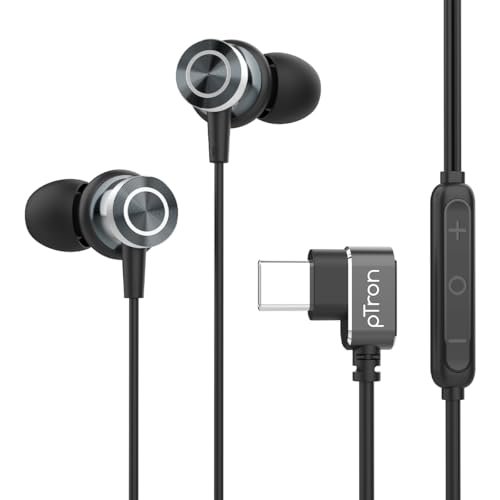 pTron Boom Play X3 In-Ear Type C Wired Headphones with Mic, 10mm Drivers for Pristine Sound, In-line Controls, 90 Degree USB-C Connector, 1.2m Tangle-Free Cable, Metal Buds & Wide Compatibility(Black)