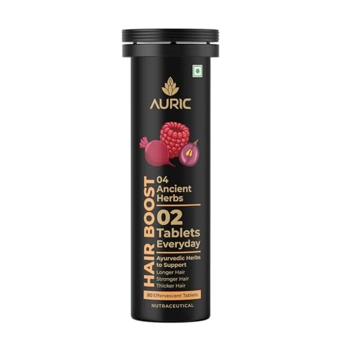 Auric Hair Boost Effervescent Tablets 20 Count | Ayurvedic Formula for Hair Fall Control | Biotin, Zinc, Beetroot & Grapeseed Extracts & Herbal Extracts | Hair Growth & Strength Support