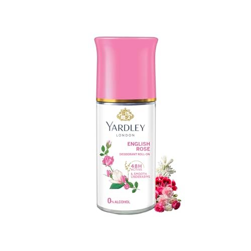 Yardley London English Rose Underarm Deodorant Roll On | With Licorirce Extract & Floral Extracts | Smooth & Eventoned Underarms | 48 H Long Lasting Floral Scent| 0% Alcohol & Dermat Approved | For Women | 50ml