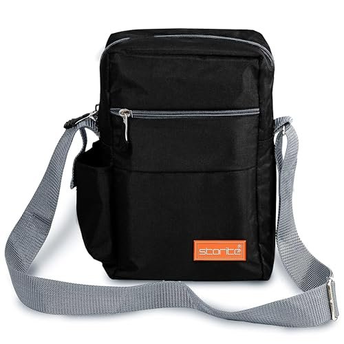 Storite 10 Inch Stylish Padded Mini Sling Bag for Men and Women, Small Passport Travel Bag and Small Sling Bag With Water Bottle Pocket (Black – 16×7.5×25 cm)