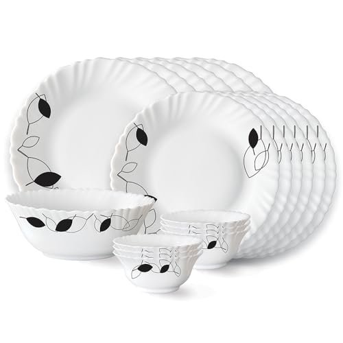 Larah by Borosil Shadow Fluted Series Opalware Dinner Set | 19 Pieces for Family of 6 | Microwave & Dishwasher Safe | Bone-Ash Free | Crockery Set for Dining & Gifting | Plates & Bowls | White