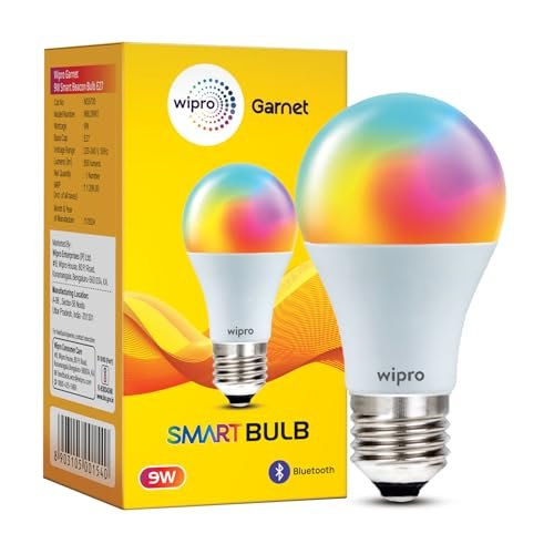 Wipro 9W Bluetooth Enabled Smart Bulb E27 | 16 million Colours | White Tunable (Warm, Neutral & Cool White) | Dimmable | App-Control | Music Sync | Schedule & Scenes | Pack of 1