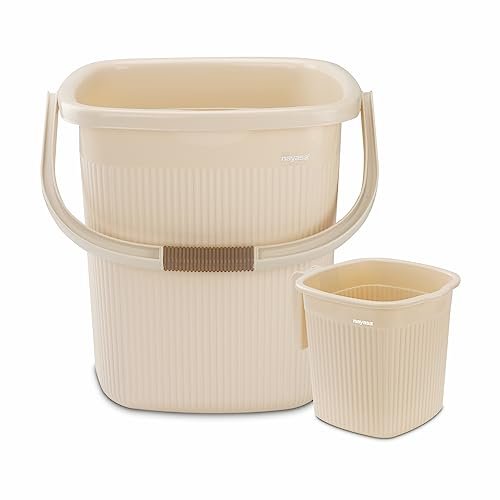 Nayasa Rimmy Plastic Bucket Set for Bathroom | Bucket and Mug (18 Liters & 1.5 Liters) | Bathroom Set of 2 | Bathroom Accessories Set | Bathroom Bucket Set | Ivory