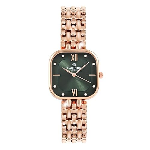 Carlton London Chelsea Women Analog Watch, Square Dial, Stainless Steel Strap, Quartz Movement, Green Dial, Rose Gold Strap, Modern Style, 30M Water Resistant | CLSSCDGRN