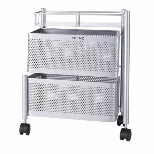 Amazon Brand – Solimo 360° Revolving Preassembled Heavy-Duty 2 Layer Square Portable Trolley with Wheels | Multipurpose Storage Racks | Books, Fruits and Vegetables (Matte,Silver)
