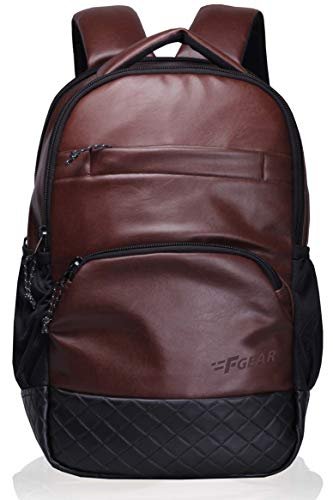 F Gear Luxur 25L Medium Laptop backpack Fits upto 17″ Laptop Faux Leather Water resistant lightweight, Gifts for Men Women Boys Girls Adults, College/School/Office/Travel Bag (Brown)