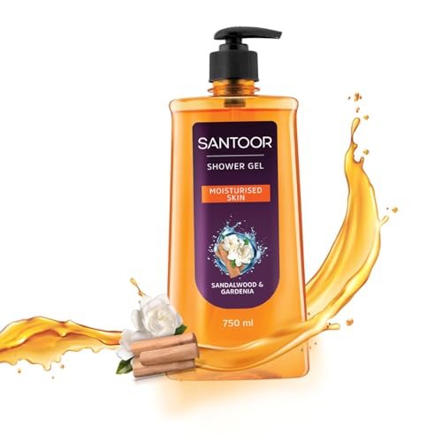 Santoor Moisturizing Shower Gel 750ml With Natural Sandalwood & Gardenia Extracts| For Men & Women| Moisturizing Body Wash With Glycerin | Suitable For All Skin Types| No Parabens| No Silicones