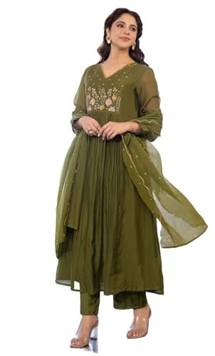 Nermosa Women Embroidery Solid Anarkali Kurta and Pant Set with Dupatta (in, Alpha, M, Green)