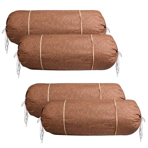 Urbane Home Set of 4 Bolster/Side Pillow Cover | 16″x32″ Cylindrical Masland/Masand Long Pillow Cover For Diwan Pillows | Plain Brown
