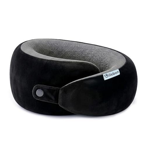 Billebon Memory Foam Neck Pillow with Cooling Gel, Snake Shape Travel Pillow with Snap Button, Neck Rest for Travelling & Flight Travel, Ergonomic Support for Comfort & Pain Relief (Black)