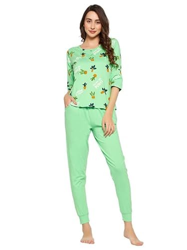 Clovia Women’s Cotton Cactus Print Top & Chic Basic Pyjama Set in Green (LS0705P11_Green_M)
