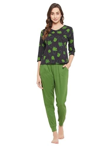 Clovia Women’s Cotton Cactus Print Top and Chic Basic Joggers in Black (LS0662P13_L)