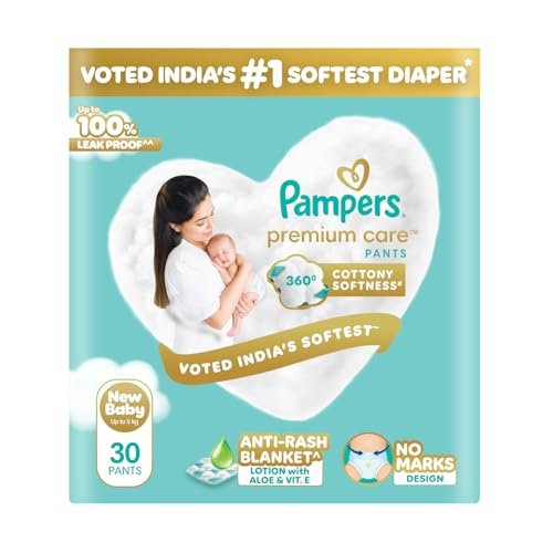 Pampers Premium Care Pant Style Baby Diapers XS 30 Count | No Marks Design | Voted India’s #1 Softest Diaper | All in 1 diaper with 360 Cottony Softness