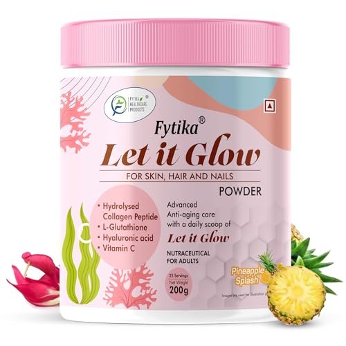 Fytika Let It Glow – 200g (Pineapple, Pack of 1) Marine Collagen Supplement Powder for Men & Women|L- Glutathione, Vitamin C, Sesbania Agati Extract|Promotes Healthy Skin, Hairs and Nails