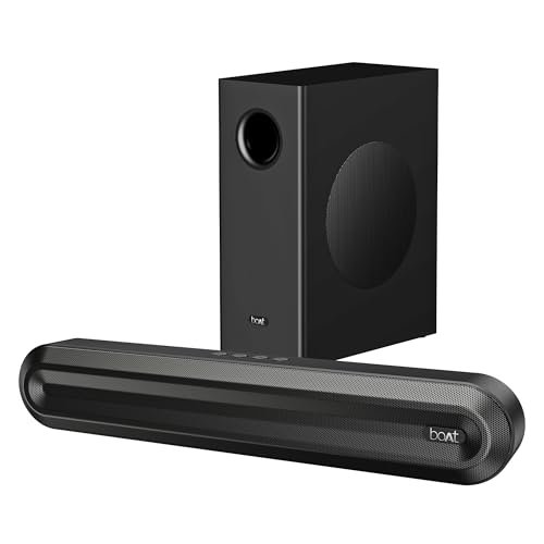 boAt Aavante 2.1 300, 40W Signature Sound, 2.1 CH w/Wired Subwoofer, Multiple Ports, EQ Modes, Remote Control, Bluetooth Sound bar, Home Theatre Soundbar Speaker (Premium Black)