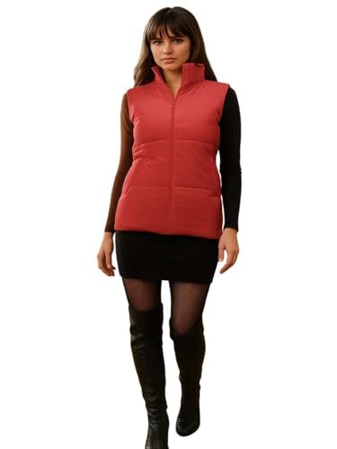 KOTTY Women’s Solid Sleeveless Stone Red Zipper Puffer Jacket (Red,L)-KTTFKPUFFERJACKET180L