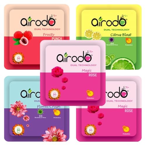 AIRODO Air Freshener Power Pocket Gel For Bathroom and Toilet, Fragrance Booster, Lasts Upto 30 Days Assorted Mix Scents Fruit Citrus Blast Floral (pack of 5) Blocks (5 x 10 ml)